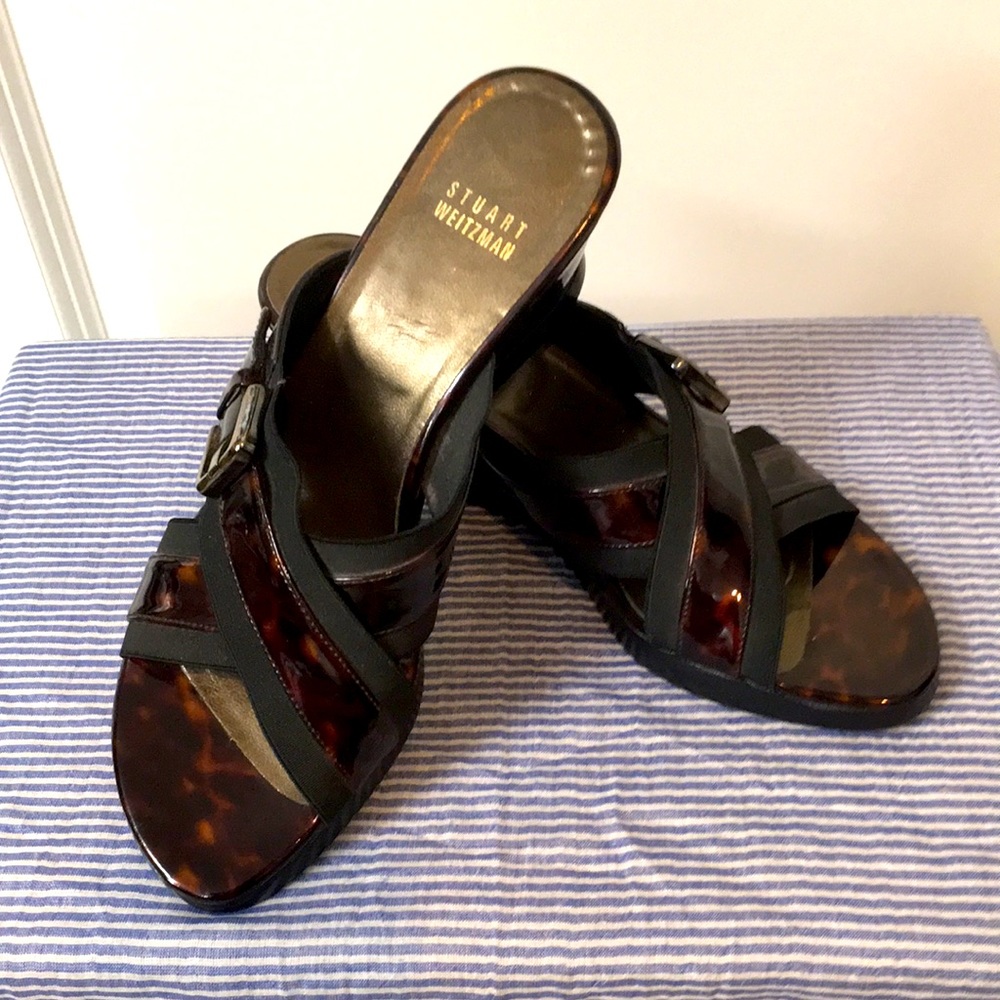 New Stuart Weitzman 8 N Cognac Brown BlackTortoise  Patent Wedge
